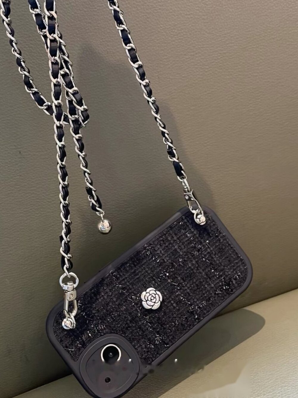 Black Tweed Camellia Crossbody Phone Case Silver Chain Strap